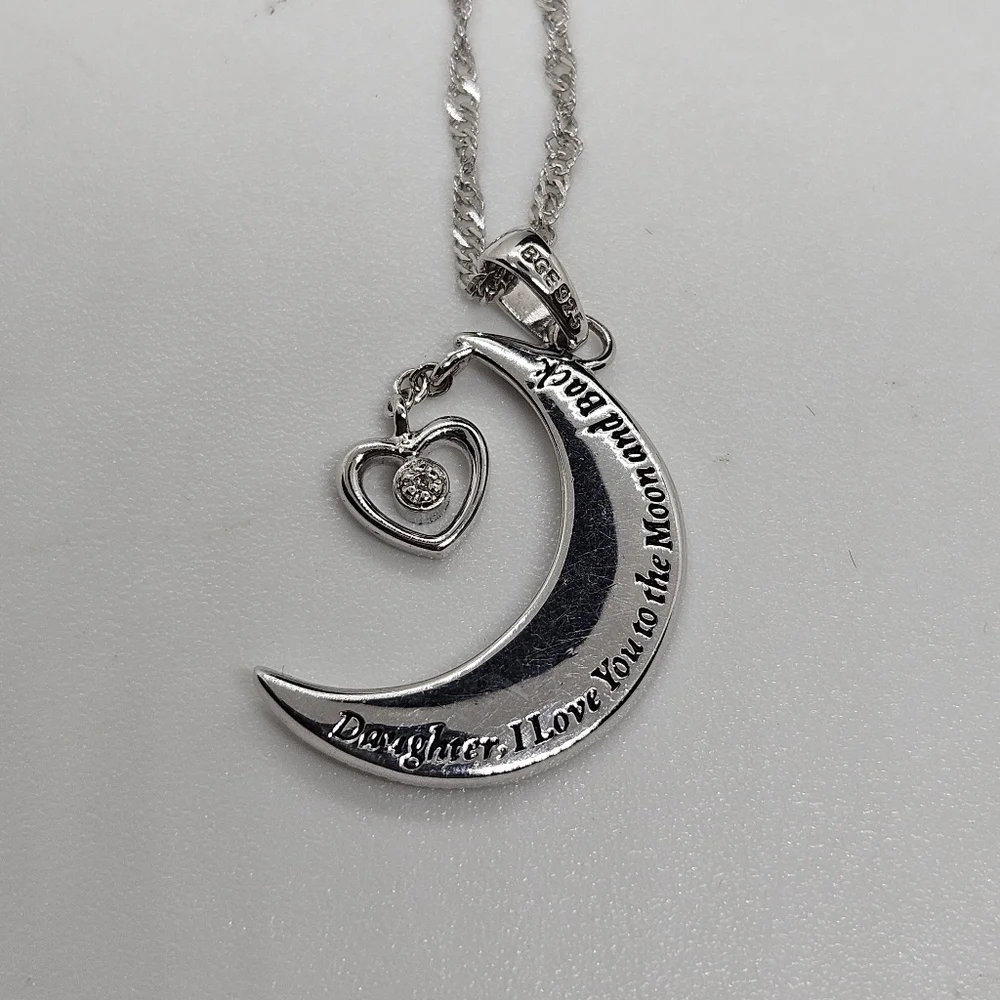 sterling silver Daughter moon and heart necklace with diamond chip BGE 925